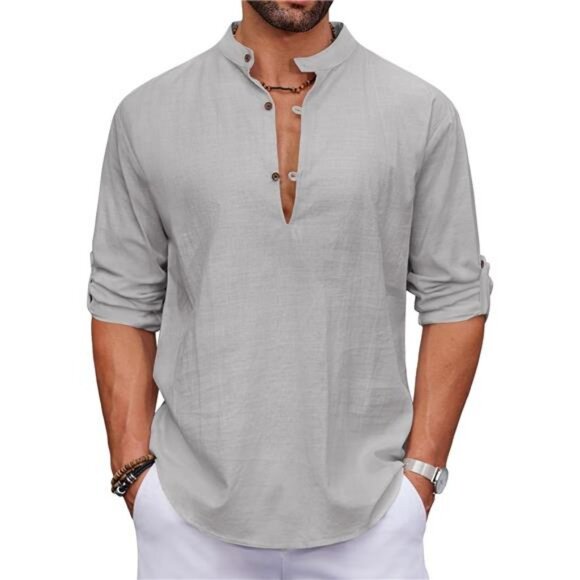 Men's Cotton Linen Henley Shirt Casual Beach Hippie Shirts Long